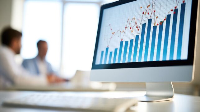 Computer displays rising bar graph and line chart; two people blurred in background