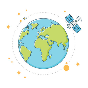 Flat design illustration of Earth with a satellite in orbit
