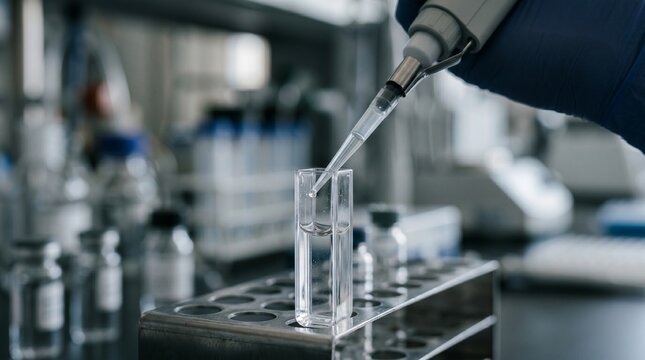 Close up of a micropipette dispensing clear fluid into a testing cuvette on a metal rack in a laboratory, scientific research, medical experiment, pharmaceutical development.