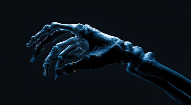 Illuminated skeletal hand, rendered in cool blue tones against a dark backdrop
