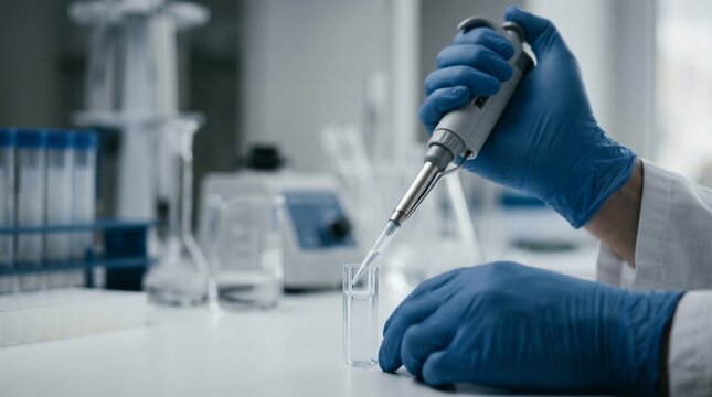 Scientist wearing blue gloves using a precision micropipette with a glass cuvette in a modern laboratory, medical research, clinical testing, scientific experiment.