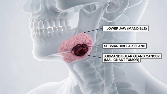 Labeled 3D Medical Illustration of Submandibular Gland Malignant Cancer Tumor with Human Mandible Jaw and Cervical Skeleton Anatomy