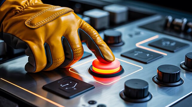 Gloved hand pressing emergency stop button on industrial control panel for workplace safety
