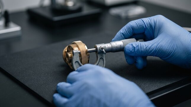 Hands in blue gloves measuring a brass gear with a micrometer on a black surface, quality inspection, mechanical engineering, precision manufacturing.