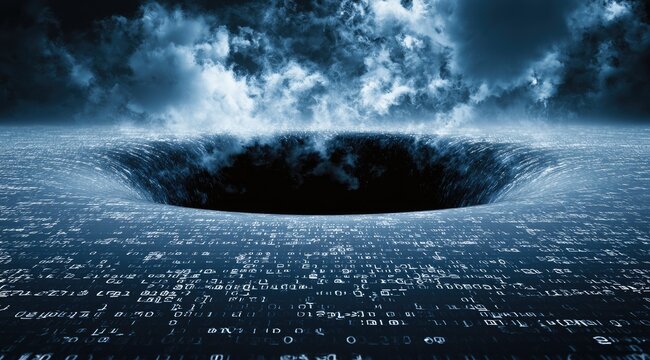 Dark vortex of digital code pulls into ominous cloudy abyss