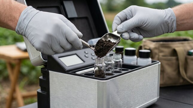 Agronomist in grey gloves using a metal scoop to place a dark soil sample into a glass vial inside a portable testing kit outdoors, environmental testing, agricultural analysis, soil science.