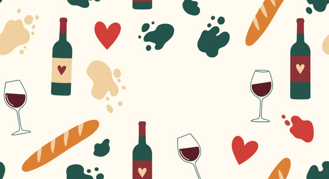 French themed seamless pattern includes red wine bottles filled glasses long baguettes and hearts on a creamy white background.