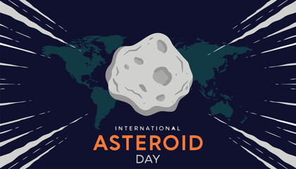 Gray asteroid floating over a map for international asteroid day © vectyx2