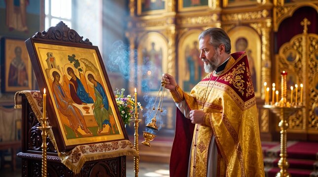 Orthodox priest censing holy icon in church. Religious celebration of Pentecost. Clergyman in golden vestment performing ritual with incense burner. Christian tradition and spirituality