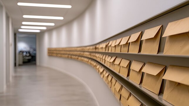 Long corridor with curving walls lined with many brown envelopes