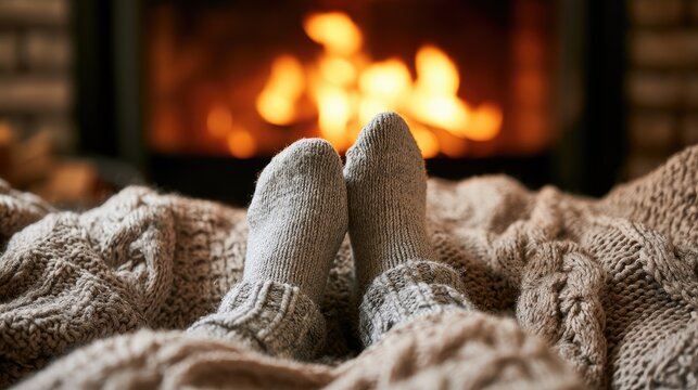 Cozy feet in thick socks resting under a warm blanket by a crackling fire