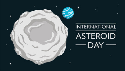 Large grey asteroid floating in dark space for asteroid day event © vectyx2