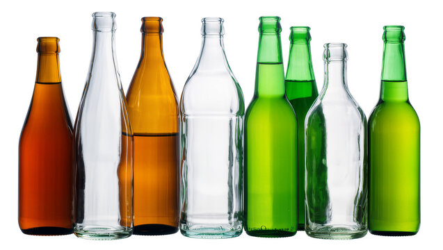 Assortment of empty glass bottles in amber clear, and green colors