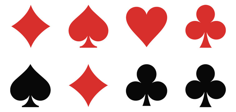 Card suit symbol set vector, playing card icons featuring hearts diamonds clubs and spades, classic monochrome and colored casino gaming graphic elements for poker design, gambling and printable 