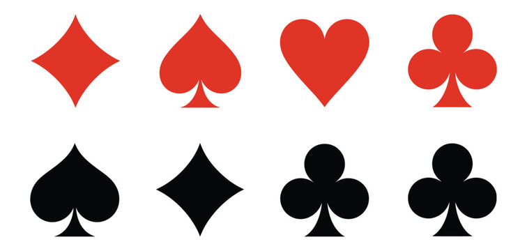 Card suit symbol set vector, elegant playing card symbols hearts diamonds clubs and spades, modern flat casino graphic elements for gaming applications, card decks, poker chips design, and promotional