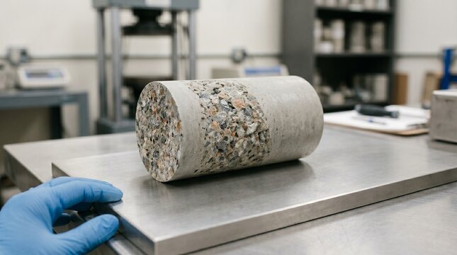 A blue-gloved hand rests near a horizontal concrete core sample on a metal laboratory table. civil engineering, materials testing, construction quality control.