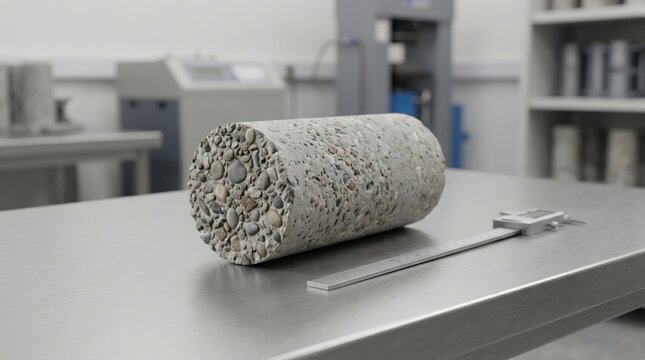 A concrete core sample lies horizontally on a steel desk next to a digital caliper in a testing facility. material strength analysis, civil engineering, construction quality.