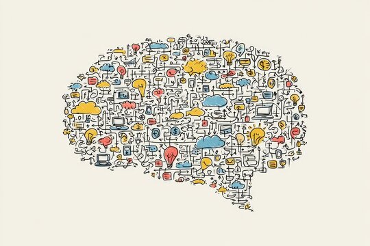 A speech bubble outlines a brain filled with interconnected icons of ideas and technology
