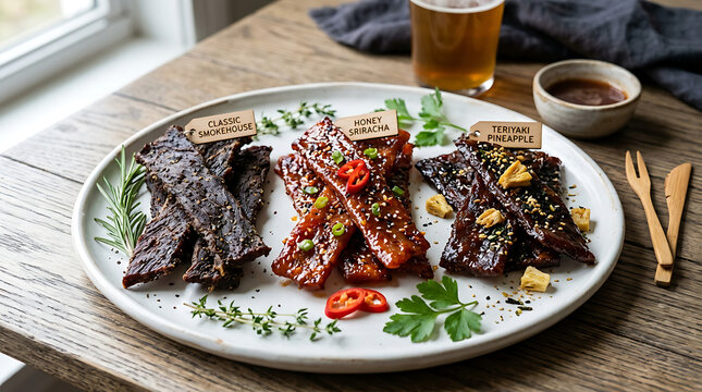 Artisan jerky sampler platter featuring classic smokehouse, honey sriracha, and teriyaki pineapple varieties