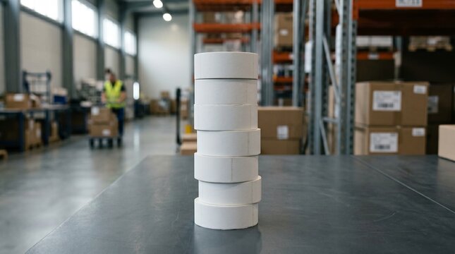 A stack of blank white label rolls sits on a dark table inside a large industrial warehouse with a worker in the background. logistics packaging, warehouse inventory, supply chain.