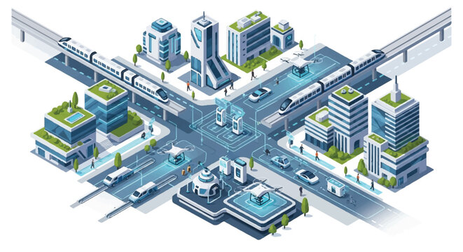 Isometric city intersection with modern buildings and elevated roads.