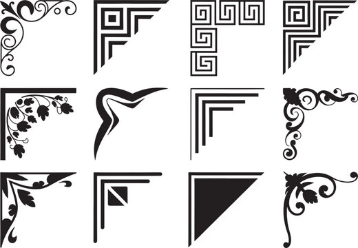 Assorted corner embellishments, geometric patterns, floral scrolls, angular lines, decorative frame elements.