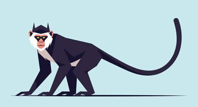 Stylized illustration of a monkey in profile with a long curled tail against a light blue background for a cool animal character design project.