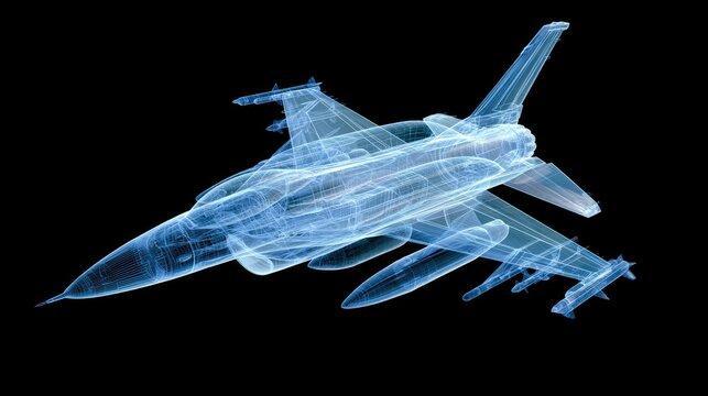 Transparent fighter jet hologram, glowing blue on black