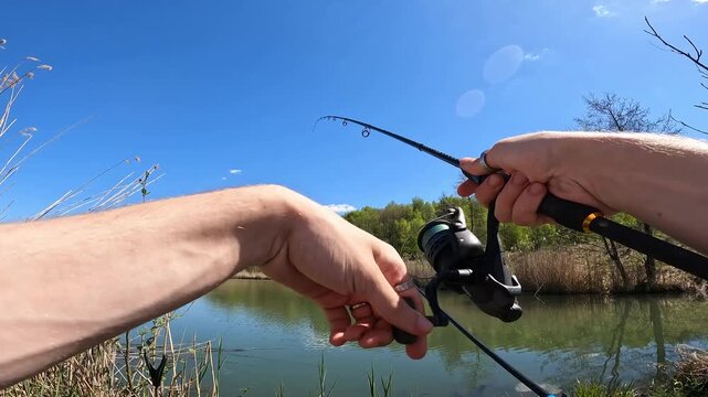 POV Angler Reeling in Empty Feeder Rig from Sunny Lake. Checking Fishing Bait and Tackle Concept Outdoors.