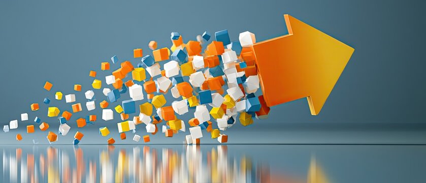 Orange arrow propels colorful cubes forward against a blue background