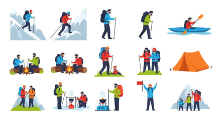 Fototapeta premium Illustrated hikers in various outdoor adventure scenes, featuring camping, climbing, and reaching the summit with a flag.