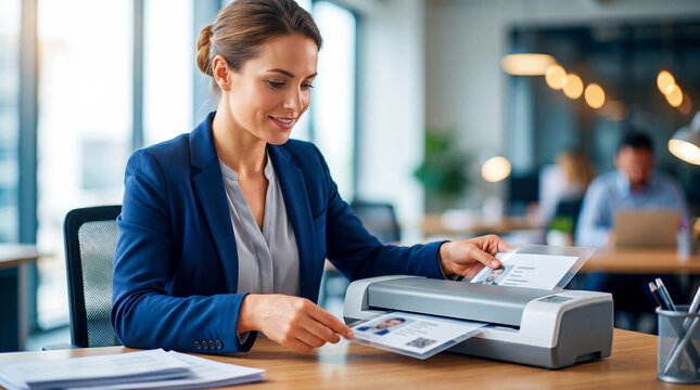 Woman recruiter using laminator to process employee id badge. Professional hr officer working in modern office environment. Personnel management and corporate identity security concept
