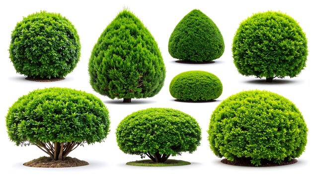 Collection of round and conical-shaped green shrubbery on white background, displaying assorted topiary styles
