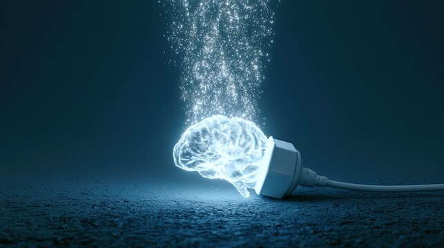 A glowing human brain connected to a power plug, emitting bright light and particles