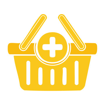 Yellow shopping basket icon with a plus sign