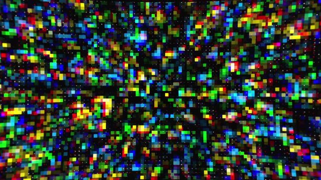 Vibrant multi colored digital pixel grid animation featuring abstract glitch effects and glowing square patterns suitable for technology backgrounds and creative video edits