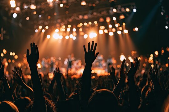 Crowd with raised hands illuminated by stage lights at a concert