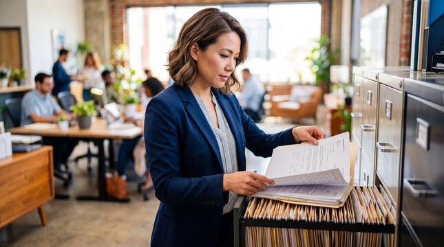 Woman hr manager searching for employee document in filing cabinet. Corporate administration professional working in office. Human resource development, business recruitment, staff record