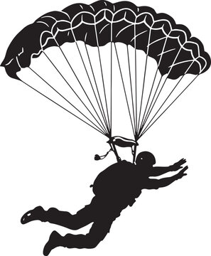 Skydiver with parachute flying in air, black silhouette of paratrooper on grey background.