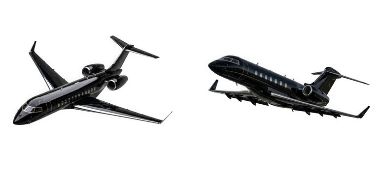 Set of two private jet aircraft in different flight angles isolated on transparent background