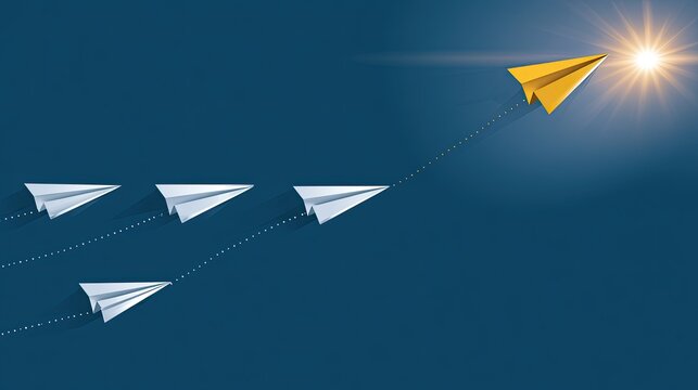 A lone golden paper plane leads a flight of white planes toward a bright sun