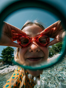 Close-Up Portrait of Young Blonde Girl with Red Vintage Goggles Near Ocean Water Playful and Adventurous Summer Mood