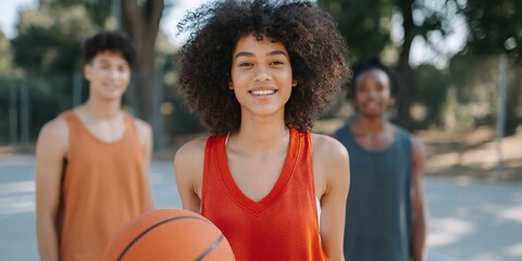 Obraz premium Teen girl posing with basketball alongside teammates on court