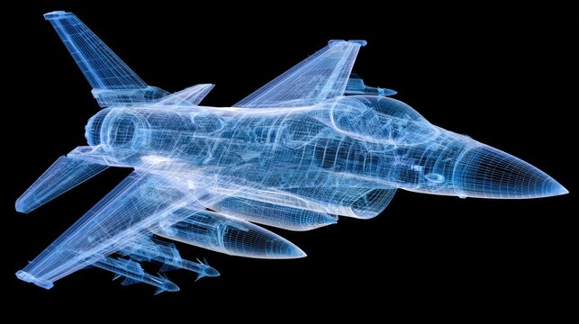 Futuristic blue wireframe jet fighter with weapons, on black