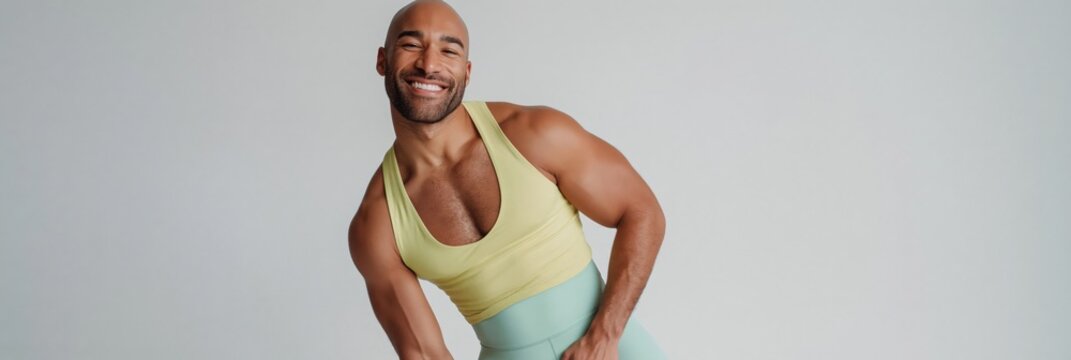 Muscular man leaning forward smiling in studio backdrop