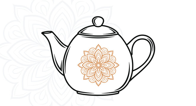Elegant white teapot featuring an intricate orange mandala design on its side with a matching ghosted background, perfect for tea ceremonies and wellness.