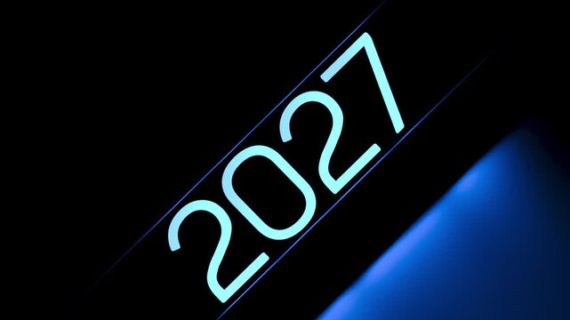 The year 2027 in blue. Illuminated digits 2027 and the number. Concept of 2027, plan, business, animation. 3D render.