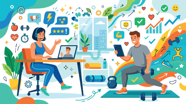 A woman providing online fitness coaching to a man exercising at home, surrounded by health and digital communication icons.
