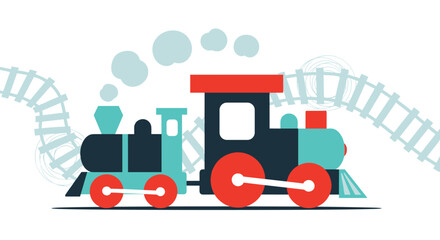 Naklejka premium Colorful toy train illustration with steam engine and tracks, perfect for children's playroom decor, educational toys, and childhood themes.