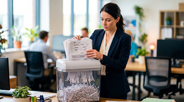 HR officer shredding personnel forms in office. Woman manager destroying sensitive documents to ensure data security and privacy. Professional corporate task for HR day celebration